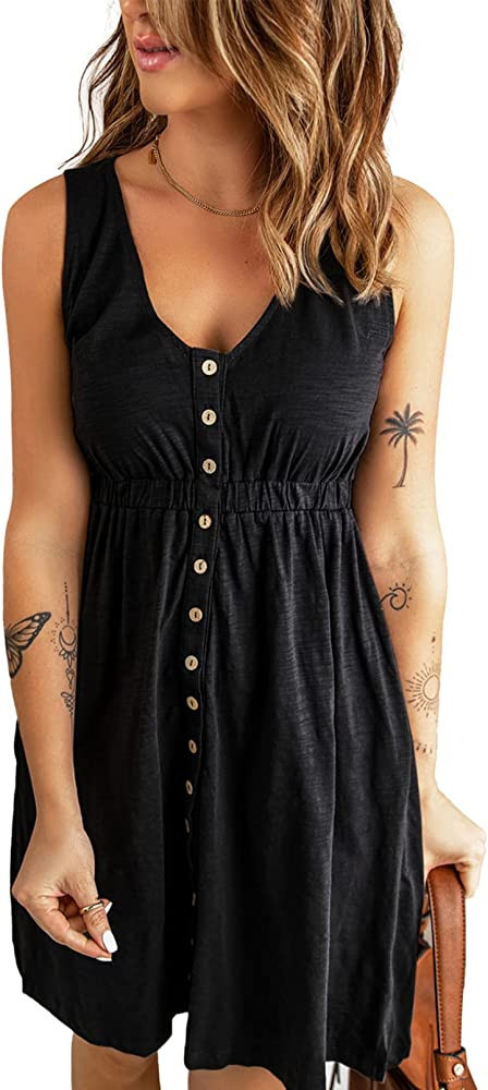 Acelitt Womens Casual Sleeveless Button Down Elastic Waist Swing Dresses, XS-2XL | Amazon (US)