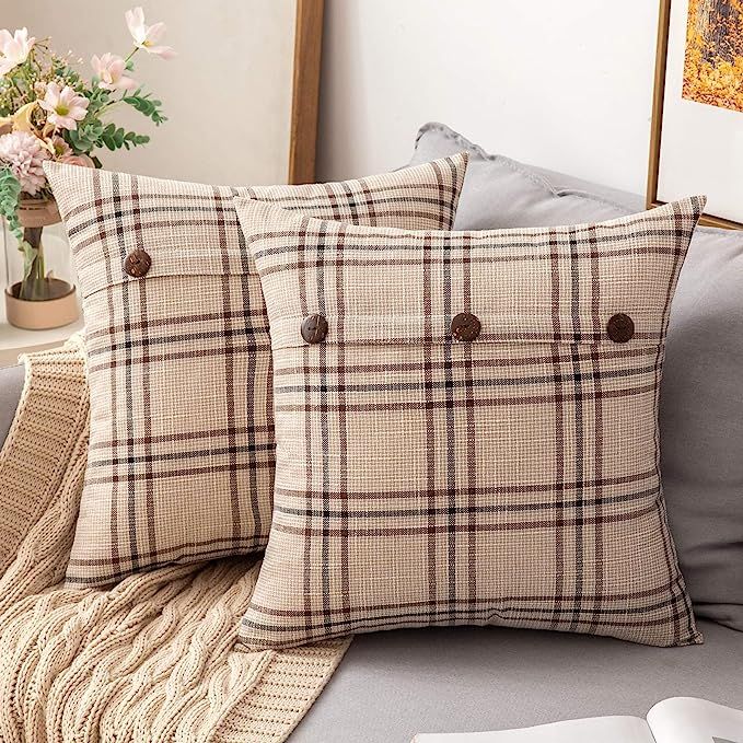 MIULEE Set of 2 Decorative Linen Throw Pillow Covers Fall Triple Button Pillowcases Farmhouse Ret... | Amazon (US)