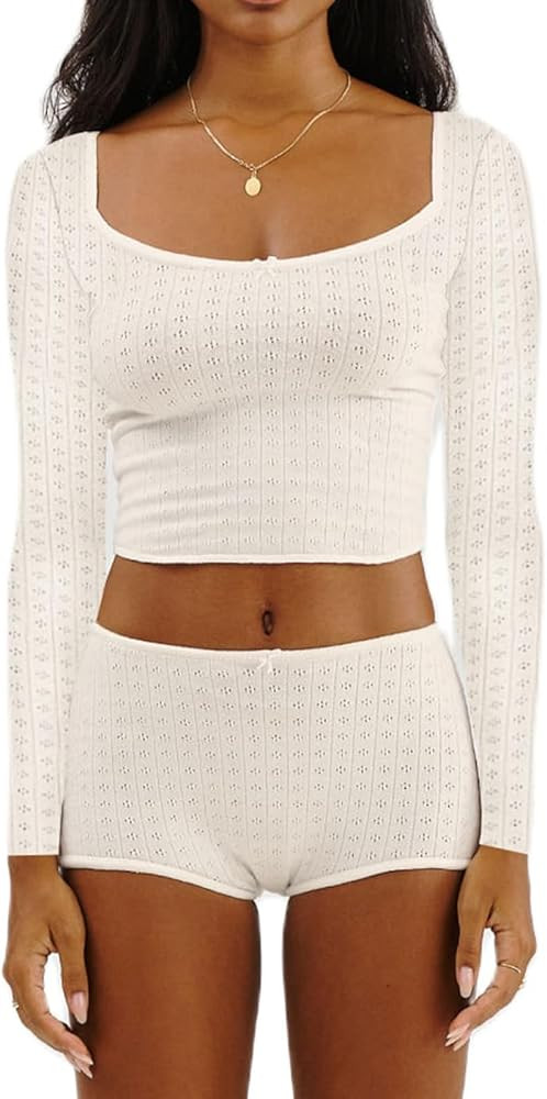 RUEWEY Womens Ribbed Knit Pajama Sets Long Sleeve Top and Shorts Matching Lounge Set PJ Set 2 Pie... | Amazon (US)