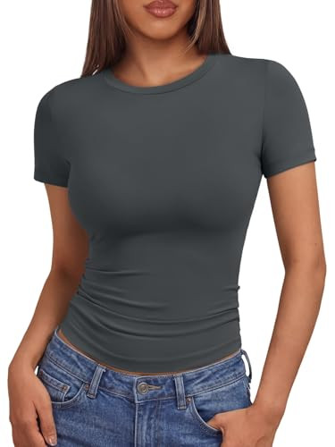 AUTOMET Womens Crew Neck Short Sleeve Basic T-Shirt 2026 Gray L | Amazon (US)