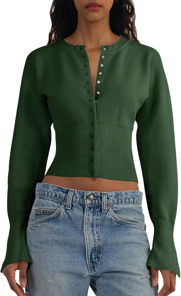 Saodimallsu Womens Cropped Sweaters Button Down Long Sleeve V Neck Ribbed Knit Slim Fit Pullover ... | Amazon (US)