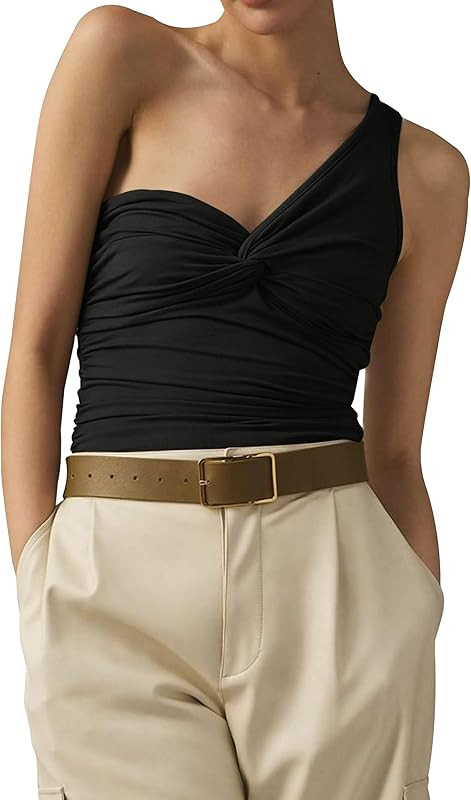 Meladyan Women’s One Shoulder Twist Knot Crop Tank Tops Ruched Sleeveless Solid Slim Fit Tank C... | Amazon (US)