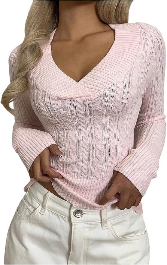 SOLY HUX Women's V Neck Sweater Long Sleeve Cable Knit Slim Fit Casual Trendy Pullover Tops | Amazon (US)