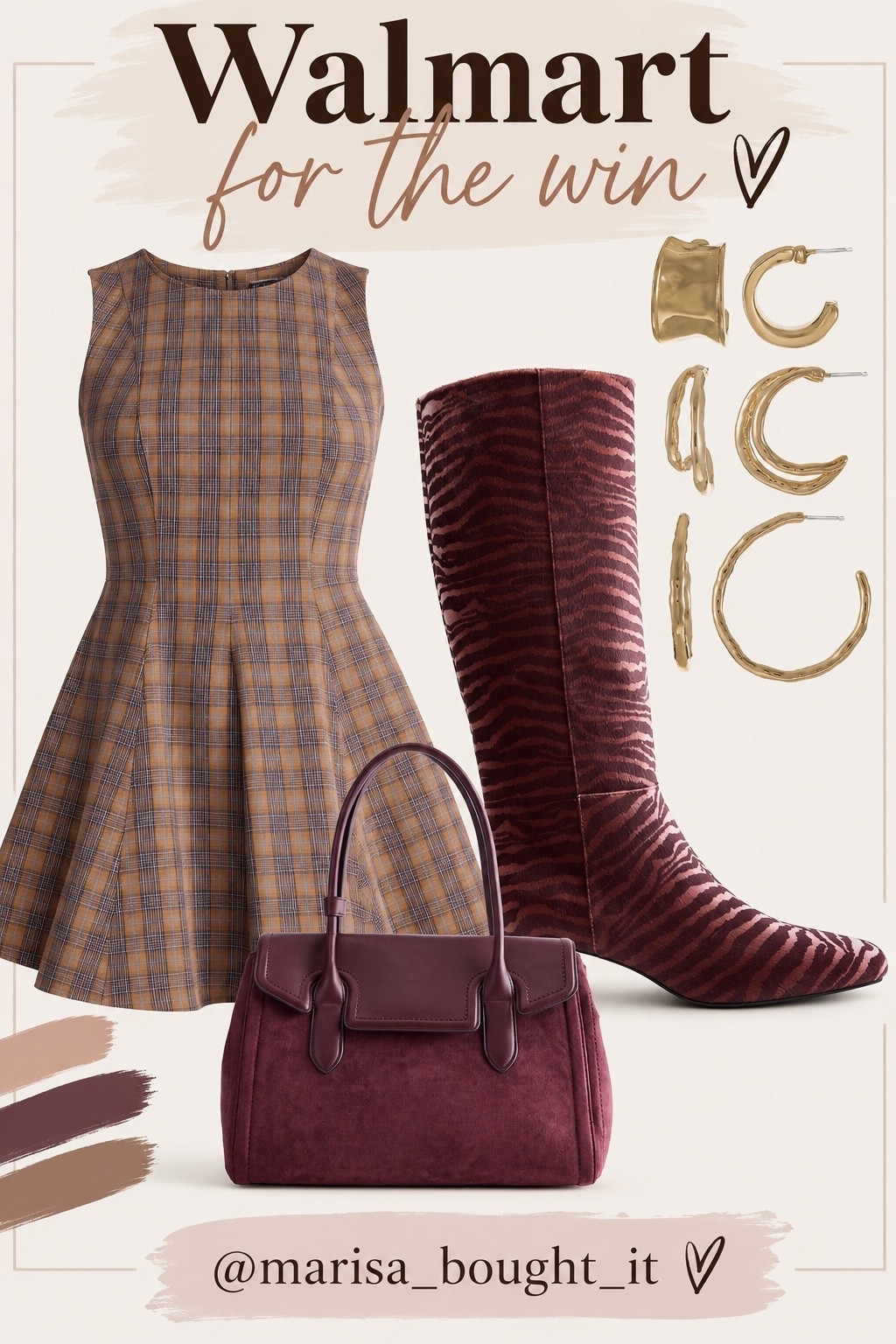Walmart fall finds that look SO much more expensive 🍂🤎 This plaid mini + deep burgundy bag combo is everything, and the zebra boots make the whole look. Added the gold hoops for the perfect finishing touch. Walmart is seriously stepping it up this fall!

#LTKStyleTip #LTKFindsUnder50 #LTKSeasonal #LTKFall #WalmartFashion #WalmartFinds #WalmartStyle #FallFashion #FallOutfit #AffordableFashion #BudgetStyle #FallFinds #PlaidDress #BurgundyBag #StatementBoots #FallStyle #WalmartFallFashion #FoundItAtWalmart