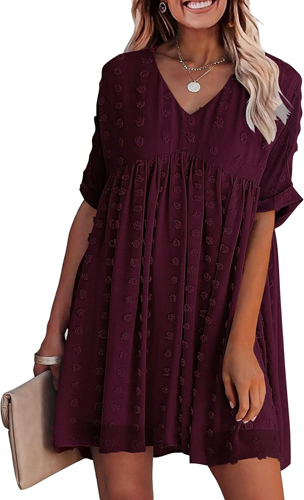 KIRUNDO Short Sleeve Mini V Neck Flowy Casual Swiss Dot Loose Babydoll Short Plus Size Maternity ... | Amazon (US)