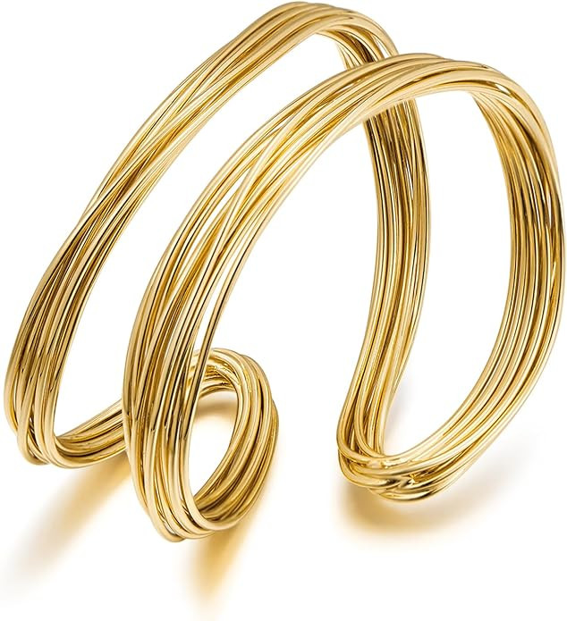 Gold Cuff Bracelet for Women Chunky Multi-layer Cross Wire Open Bracelet Hollow Wide Cuff Bracele... | Amazon (US)