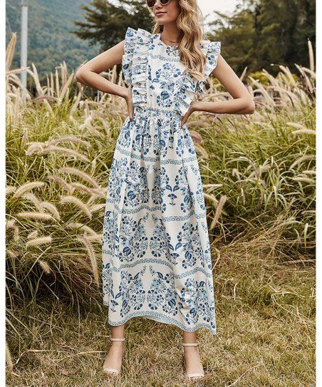 Blue & White Floral Flutter-Sleeve Midi Dress - Women | Zulily