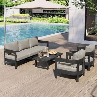 4-Piece Metal Patio Conversation Set with Thick, Light Gray Cushions and Center Table | The Home Depot