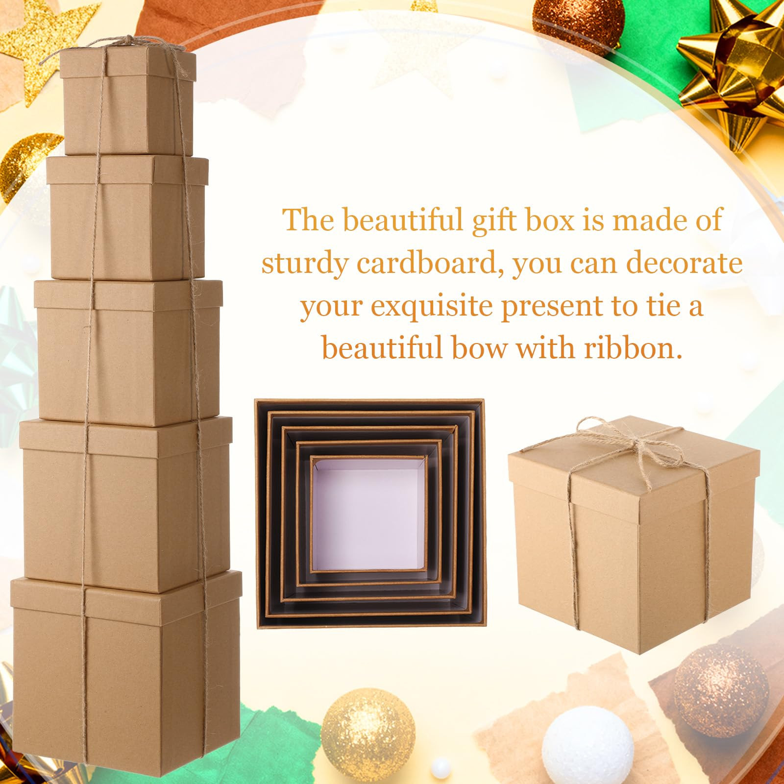 Cholemy 5 Pcs Square Nesting Boxes Decorative Gift Boxes with Lid and Ribbon Assorted Sizes Wrap ... | Amazon (US)