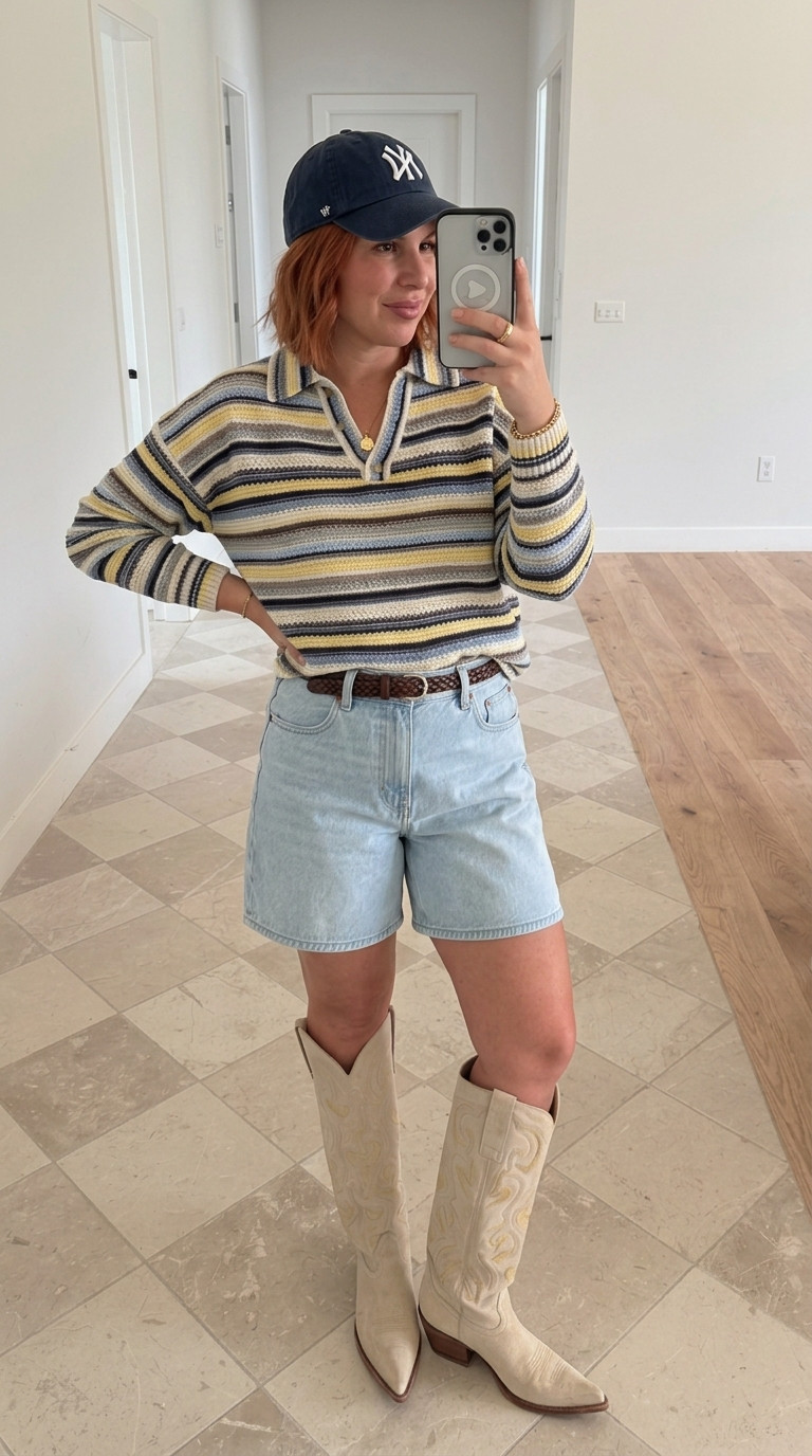 This striped crochet polo sweater is everything for spring. Styled with light wash denim dad shorts, a braided leather belt, cream cowboy boots, and a navy Yankees cap for that effortless western-meets-preppy vibe. Perfect for weekend errands, farmers markets, or casual brunch. #springoutfit #amazonfinds #cowboyboots #crochettop #stripedpolo #denimshorts #casualoutfit #ootd 

 

#LTKmomlife #LTKMidsize #LTKTall