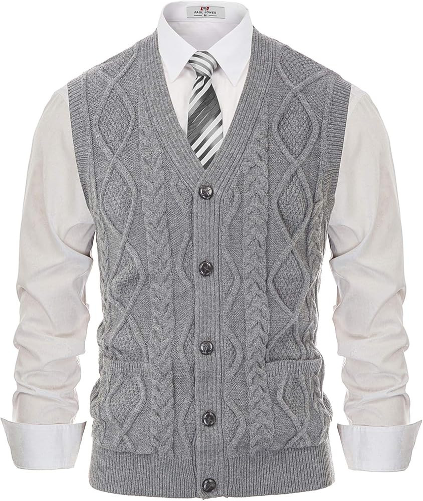 PJ PAUL JONES Men's Sweater Vest V-Neck Sleeveless Cable Knitted Cardigan Vest | Amazon (US)