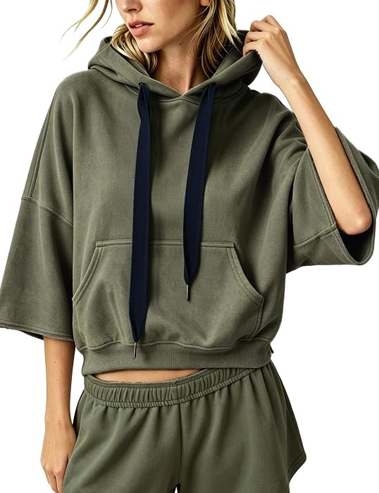 Megfie Womens Cropped Three Quarter Sleeve Hoodie Cotton Sweatshirts | Amazon (US)