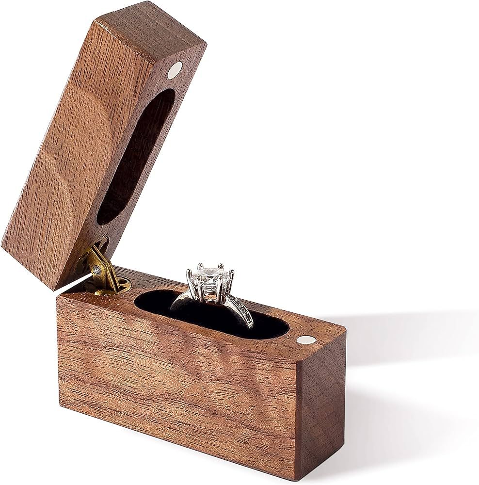 Wislist Wooden Engagement Ring Box Small Slim Flat Ring Case for Proposal,Wedding (Walnut Wood) | Amazon (US)