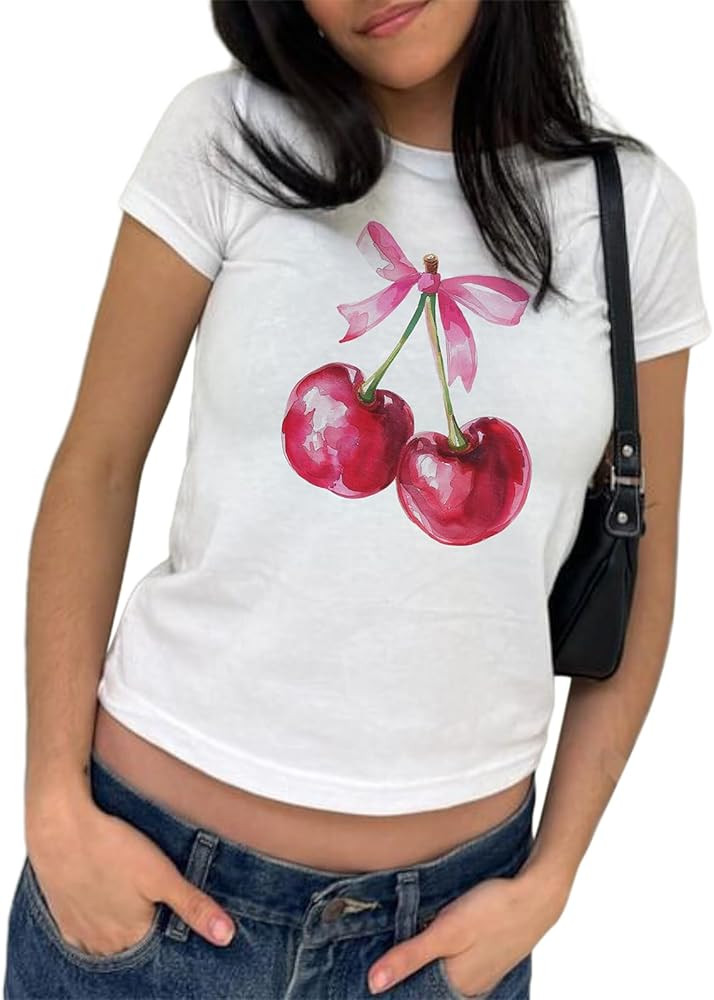 Women Y2k Short Sleeve Baby Tees Cute Graphic Print Crew Neck Crop Top Vintage Aesthetic Teen Gir... | Amazon (US)