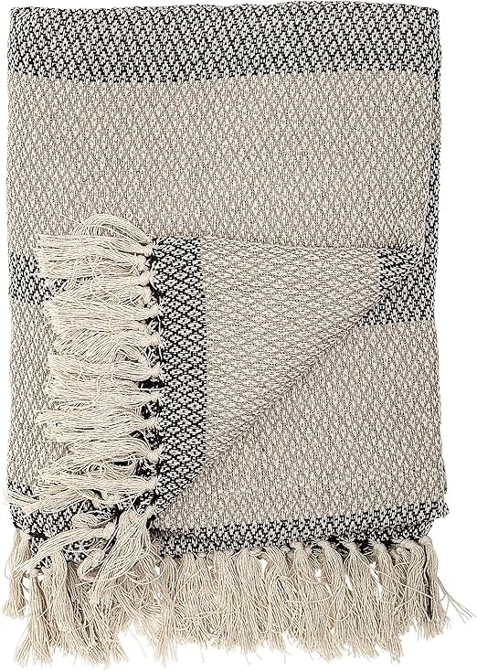 Bloomingville Grey Knit Fringe Grey & Grey Striped Cotton Blend Throw | Amazon (US)