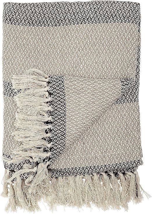 Bloomingville Grey Knit Fringe Grey & Grey Striped Cotton Blend Throw | Amazon (US)