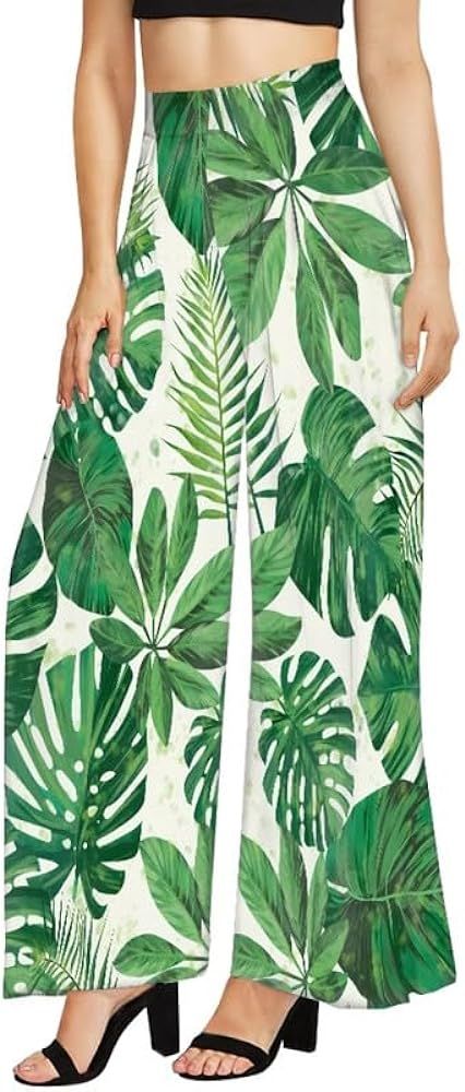 Women Casual Flowy Pants Summer Beach Waist Wide Leg Pants, Hawaii Tropical Floral High Waisted P... | Amazon (US)