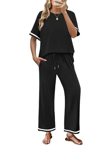 Sampeel Workout Sets for Women 2 Piece Set Summer Travel Vacation Outfits Cozy Wide Leg Pants Comfy Business Casual Work Clothes T Shirts Airport Jogger Set Black XL | Amazon (US)