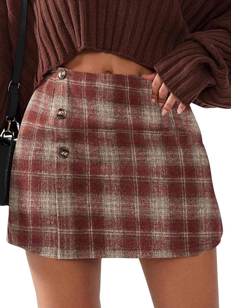 EXLURA Womens Faux Wool Plaid Mini Skirt Elastic High Waisted Tweed Skirts Button Bodycon Skirt F... | Amazon (US)