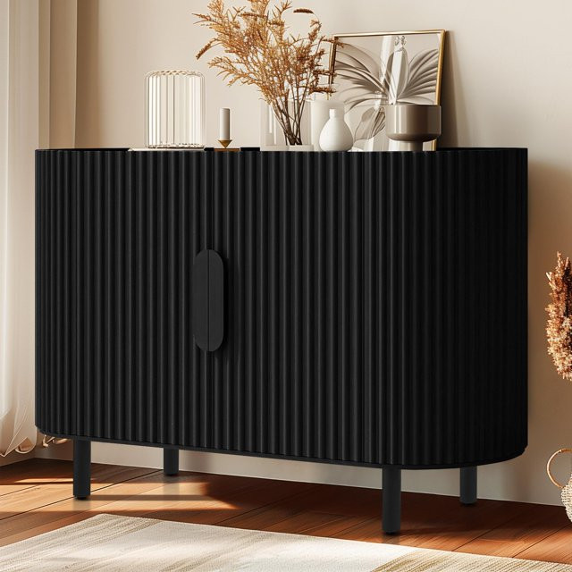 FURNINEST Curved Accent Cabinet, 4-Door Wood Buffet Cabinet, Curved Storage Cabinet with Adjustab... | Walmart (US)