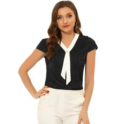 INSPIRE CHIC Women's Tie Neck Cap Sleeve Pleated Blouse Black Medium | Target