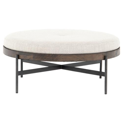 Eliza French Country Cream Performance Upholstered Brown Wood Ottoman - Large | Kathy Kuo Home