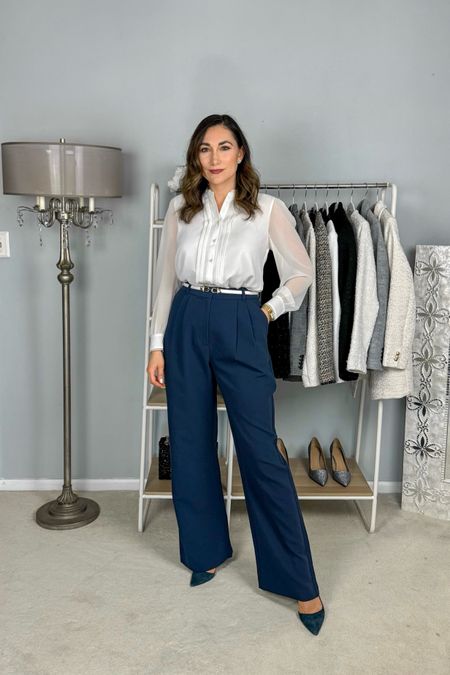 Business professional work outfit 💙🤍

White ruffle front blouse size xs, size down if between sizes (extra 40% off)
Navy high waisted wide leg pants size 27 curve love, TTS
Navy heels (linked similar)

Work wear 
Office outfit 

#LTKFindsUnder100 #LTKSaleAlert #LTKWorkwear