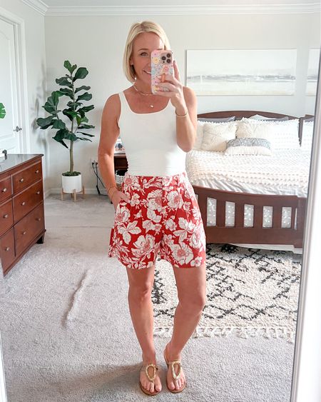 My floral linen trouser shorts are BACK IN STOCK & 50% OFF! 👏🏻 I’m wearing a small (but they run BIG! I definitely could have sized down… however, they do have an elastic ribbon in the inside waistband). 
• my tank - size small.


#LTKFindsUnder50 #LTKSaleAlert #LTKSeasonal