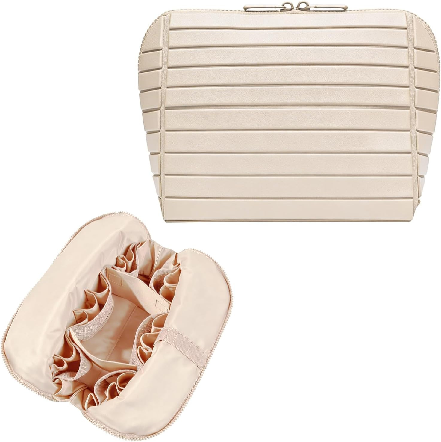 Travel Makeup Organizer Bag with Fold-Down Design and Adjustable Dividers, 27 Pockets & 3 Brush Storage Holders, Large Capacity Cosmetic Bags Toiletry Case - White | Amazon (US)