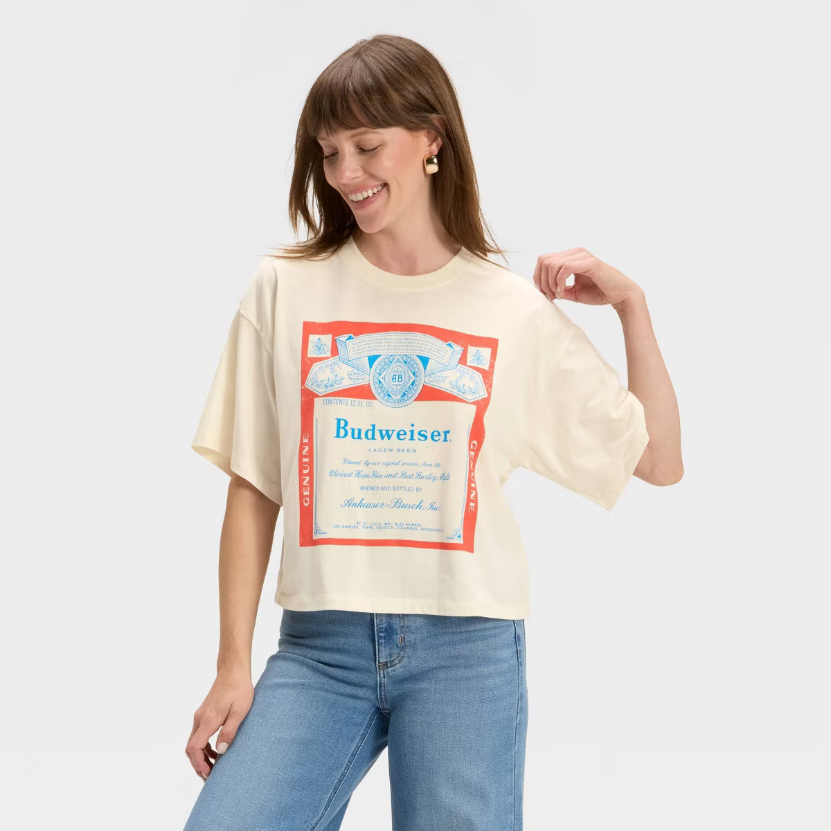 Women's Budweiser Boxy Cropped Short Sleeve Graphic T-Shirt - Ivory | Target