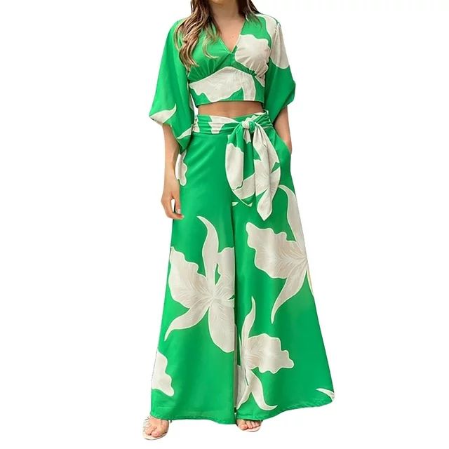 PMUYBHF Women Summer Outfits Sets 2024 2 Piece Outfits for Women 2024 Summer Short Sleeve Wrap V ... | Walmart (US)