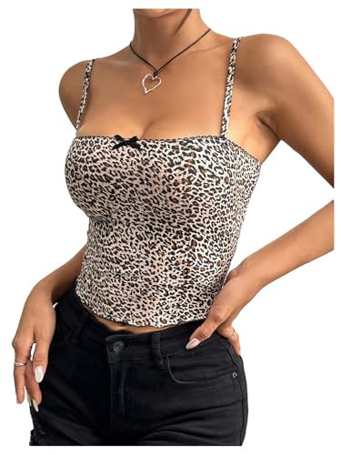 BEAUDRM Women's Y2K Leopard Print Cami Crop Tops Square Neck Spaghetti Strap Camisole Cheetah Tank Top Khaki X-Large | Amazon (US)
