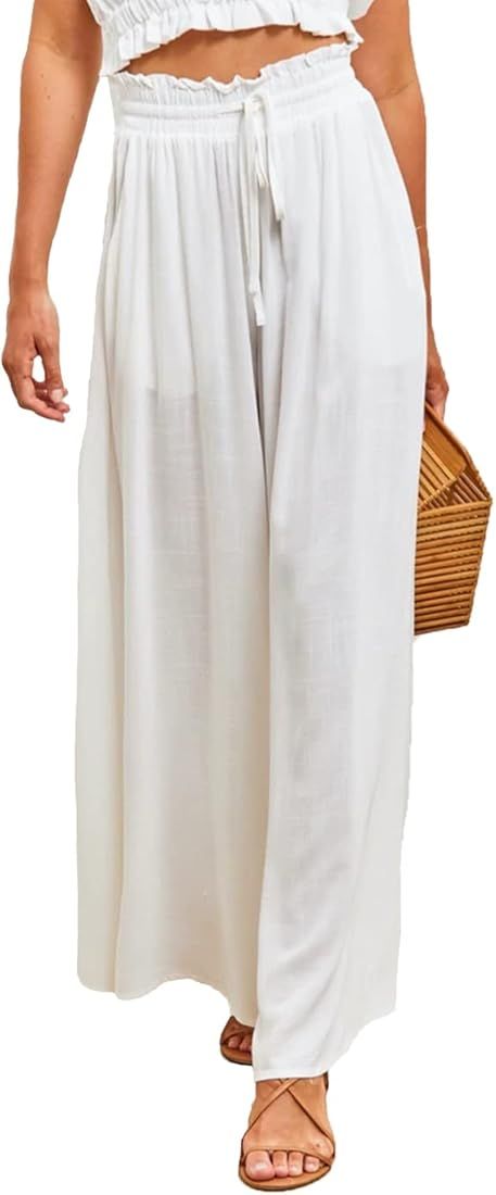 Fenclushy Women High Waist Casual Wide Leg Long Palazzo Pants Trousers Long Culottes | Amazon (US)