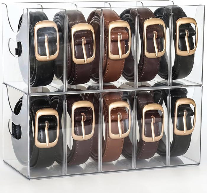 Rusnugic Belt Organizer - 2 Pack Clear Stackable Belt holder For Closet Drawer Storage - 5 Compar... | Amazon (US)