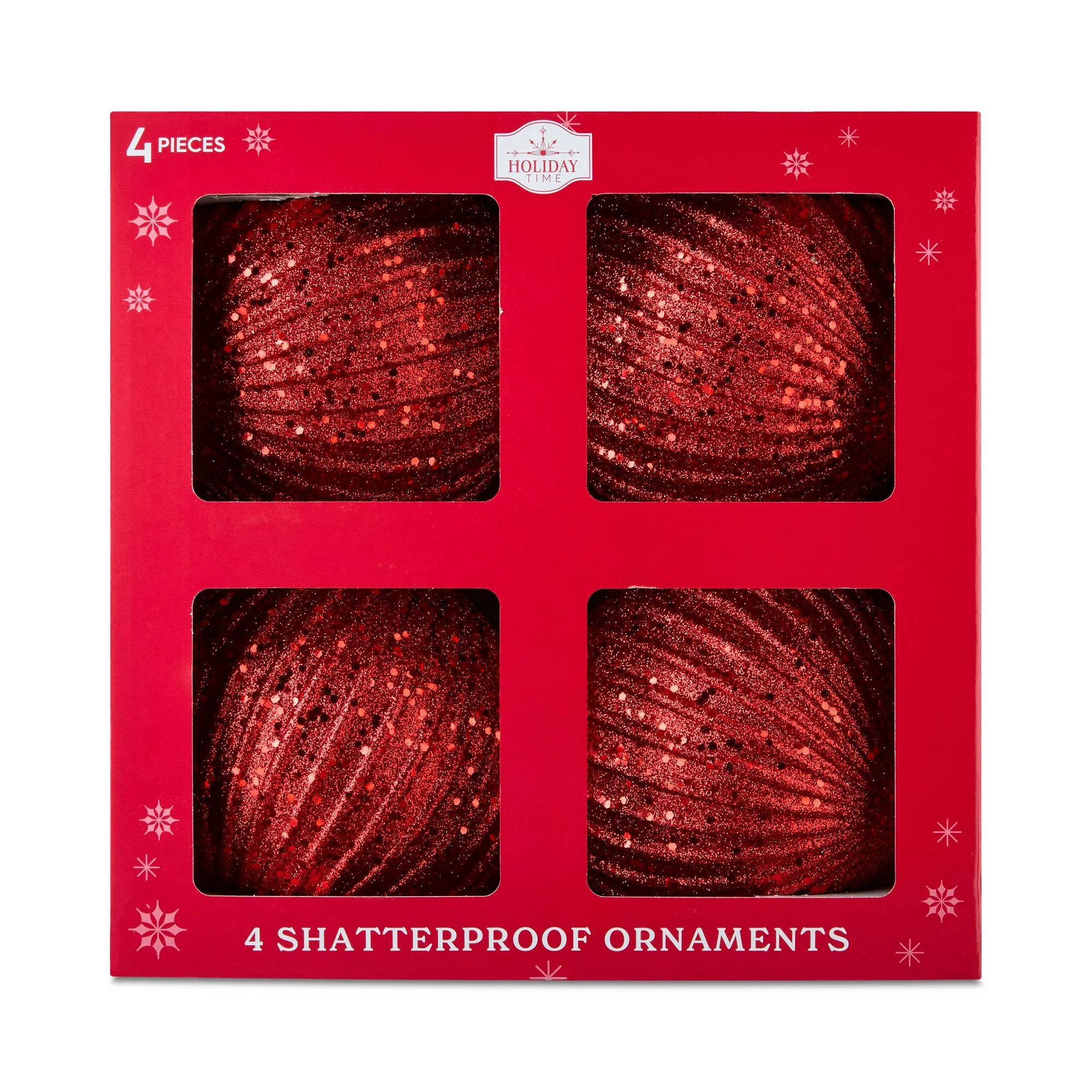 4-Count Red Glitter Shatterproof Textured Christmas Ornaments, 5.9 in, by Holiday Time | Walmart (US)