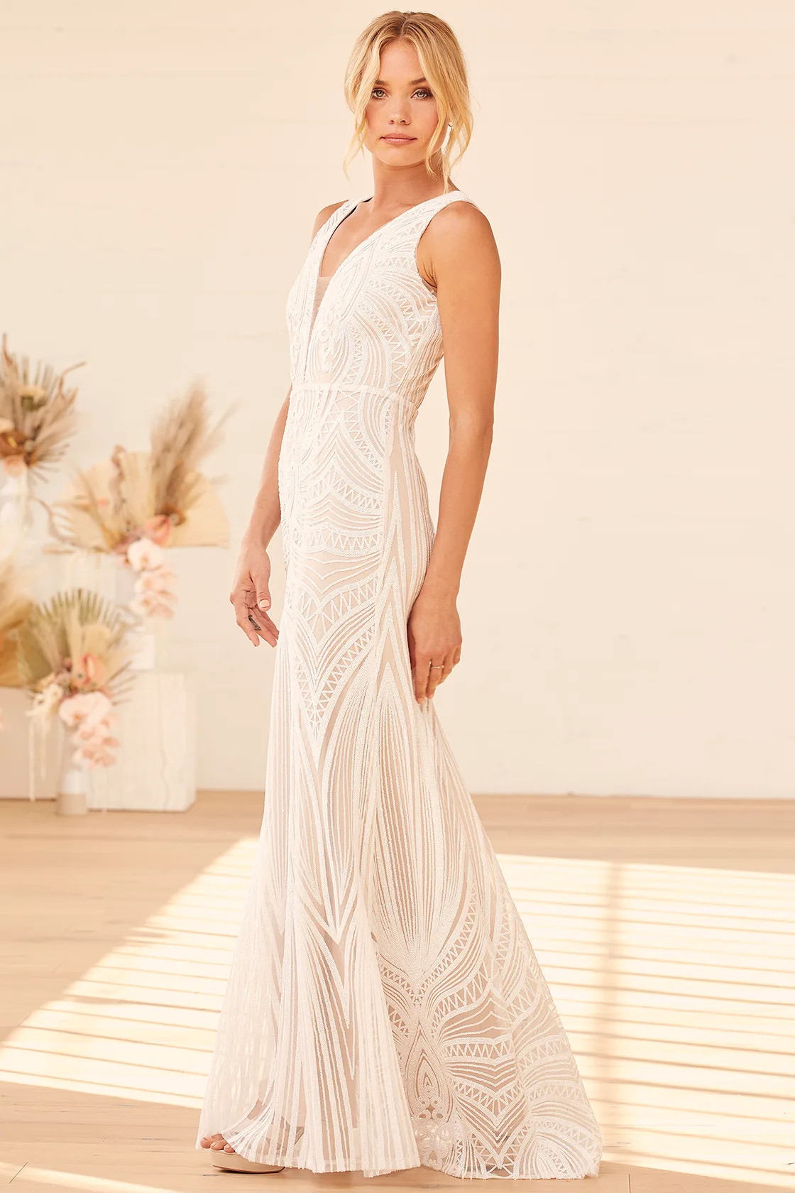 Splendorous Love White and Beige Sequin Trumpet Hem Maxi Dress | Lulus (US)