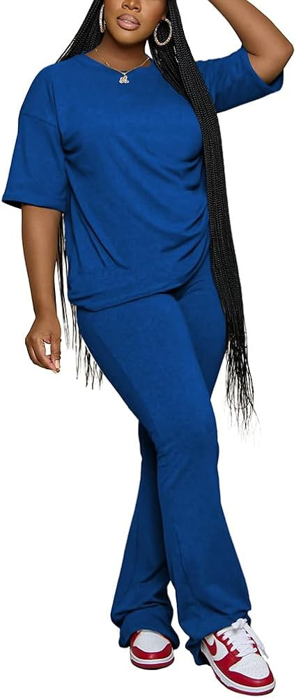 PINSV Women 2 Piece Outfits Short Sleeve Top and Flare Pants Lounge Sets Tracksuit | Amazon (US)