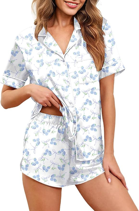 Ekouaer Womens Silk Satin Pajamas Set Short Sleeve Sleepwear Button Down Loungewear 2 Piece Pjs S... | Amazon (US)