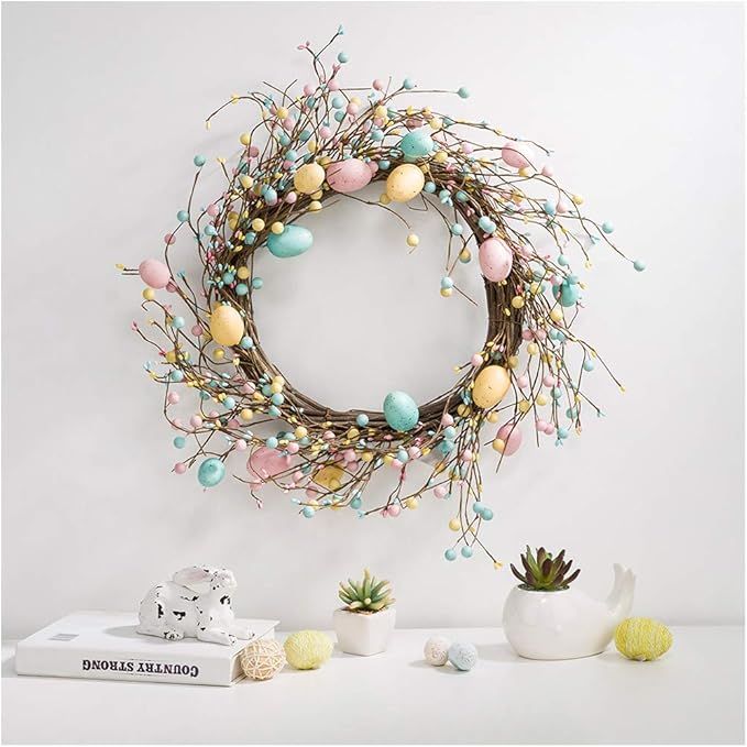 glitzhome 22" D Easter Eggs Wreath Spring Eggs & Berries Front Door Wall Decor Holiday Decoration | Amazon (US)