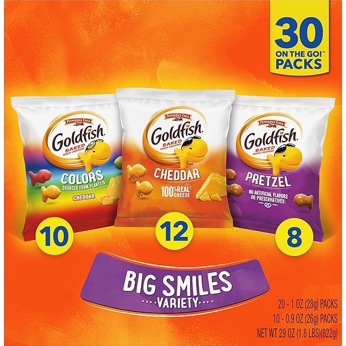 Goldfish Crackers Big Smiles with Cheddar, Colors, and Pretzel Crackers, Snack Packs, 30 CT Varie... | Amazon (US)