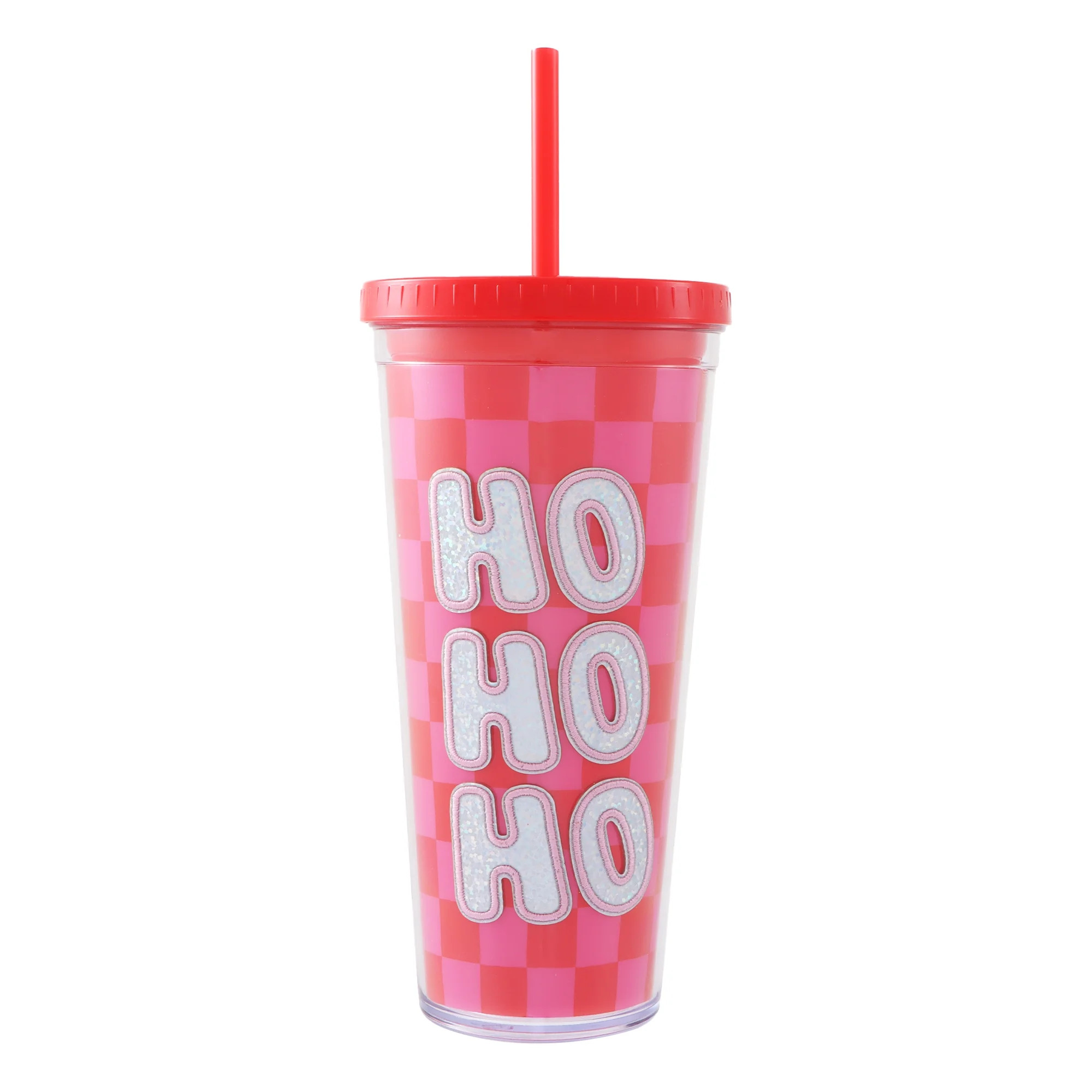 Plastic Double-Walled Christmas Tumbler with Straw and Lid, Ho Ho Ho, Red and Pink, 22 fl oz, by ... | Walmart (US)