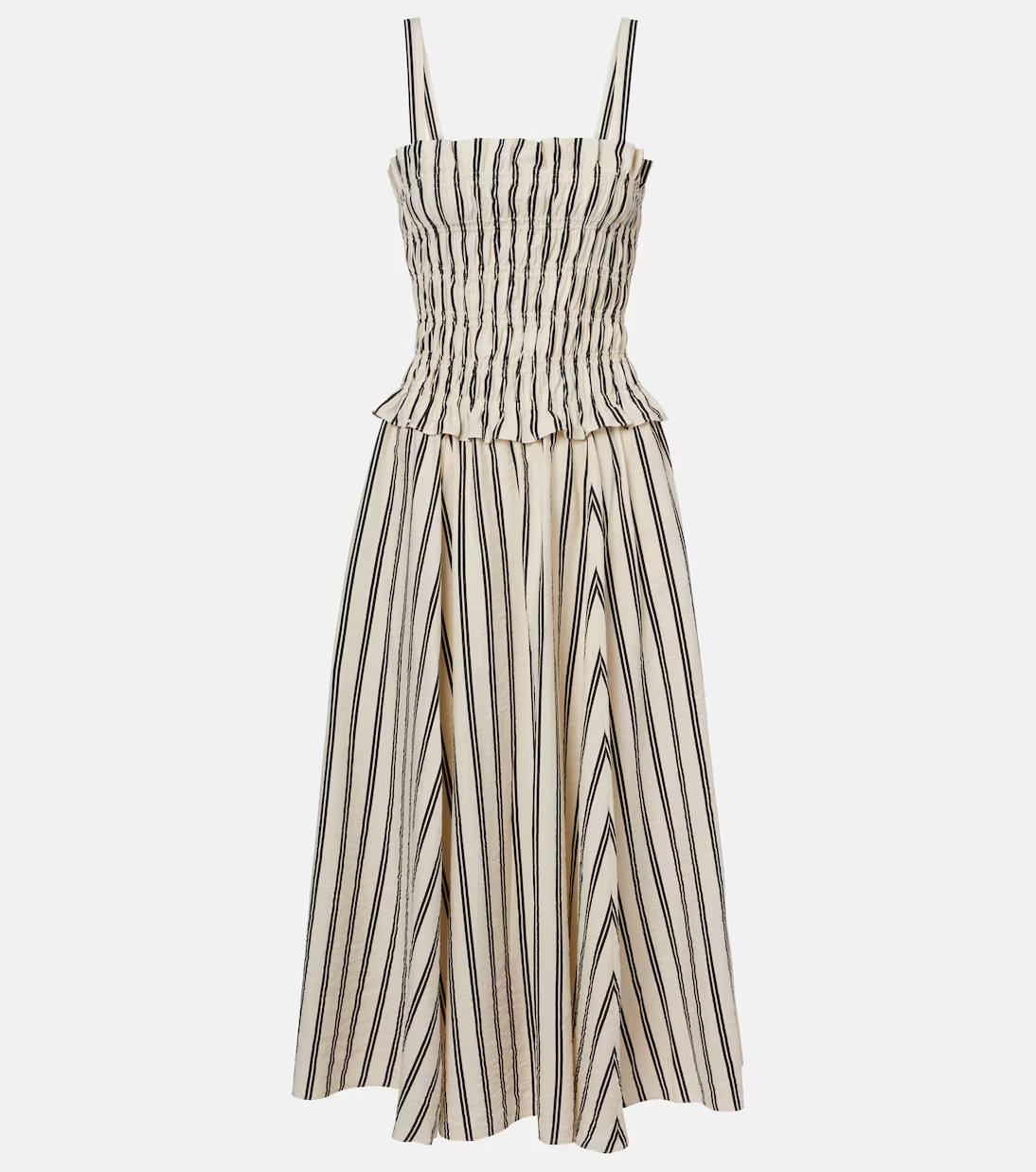 Shirred striped silk-blend midi dress | Mytheresa (US/CA)
