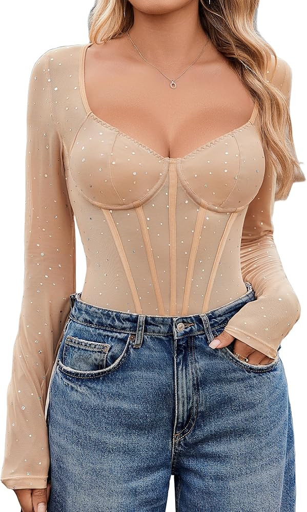 Avidlove Women Long Sleeve Bodysuit Sparkle Body Suits Top Mesh One Piece Leotard Shirt Going Out... | Amazon (US)