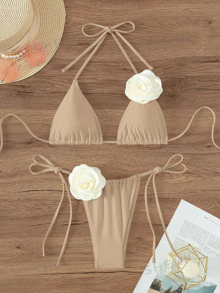 Contrast Color 3d Flower Decoration Halter Split Swimsuit Set, For Summer, Beach, Swimming | SHEIN