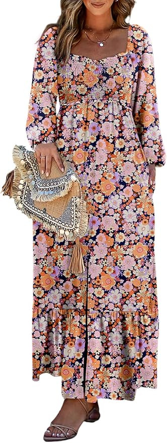 Dokotoo Womens Dresses 2024 Boho Floral Smocked Square Neck Long Sleeve Button Down Beach Long Ma... | Amazon (US)