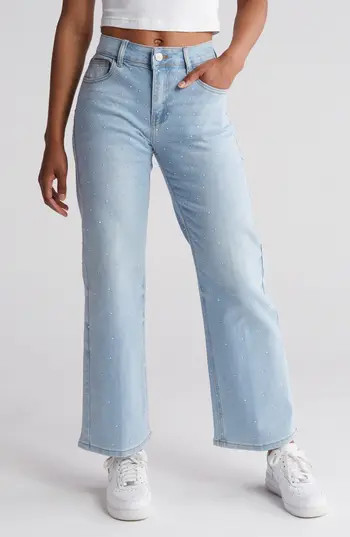 FLYING ANGEL Rhinestone High Waist Straight Leg Jeans in Light Wash at Nordstrom Rack, Size 1 | Nordstrom Rack