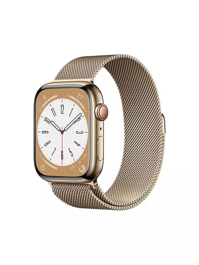 Apple Watch Series 8 GPS + Cellular, 45mm Gold Stainless Steel Case with Gold Milanese Loop | John Lewis (UK)