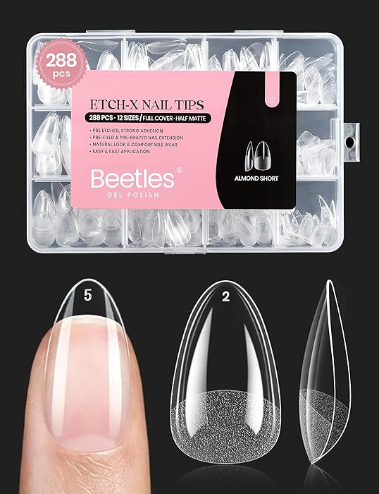 Beetles Soft Gel Nail Tips Short Almond 288pcs in 12 Sizes, Etch-X Pre-Etched Full Cover Acrylic ... | Amazon (US)