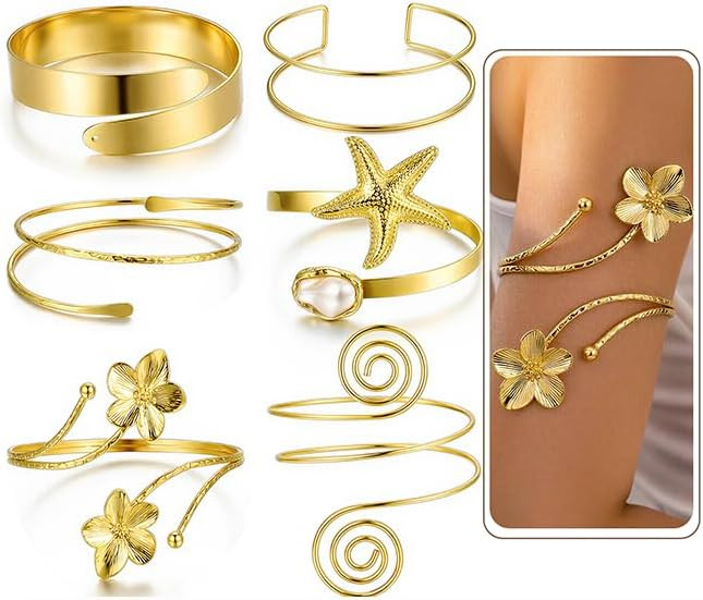 6PCS Gold Arm Cuff Bracelets for Women, Boho Statement Gold Upper Arm Bangle Band Armlet, Open Ad... | Amazon (US)