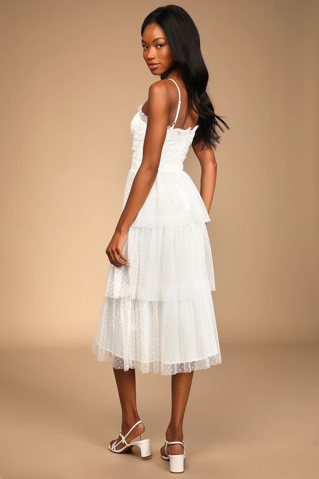 Sweetheart Style White Polka Dot Bustier Tiered Midi Dress | Lulus (US)